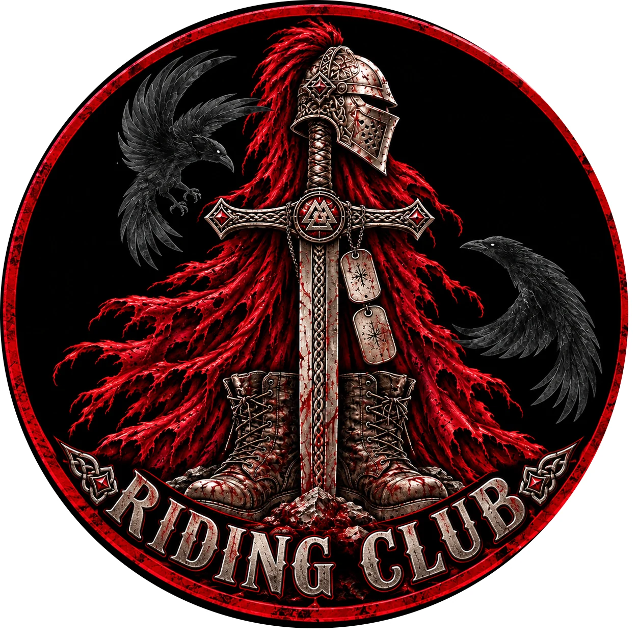Fallen Knights Riding Club emblem: knight, sword, crimson cloak, ravens, boots and dog tags