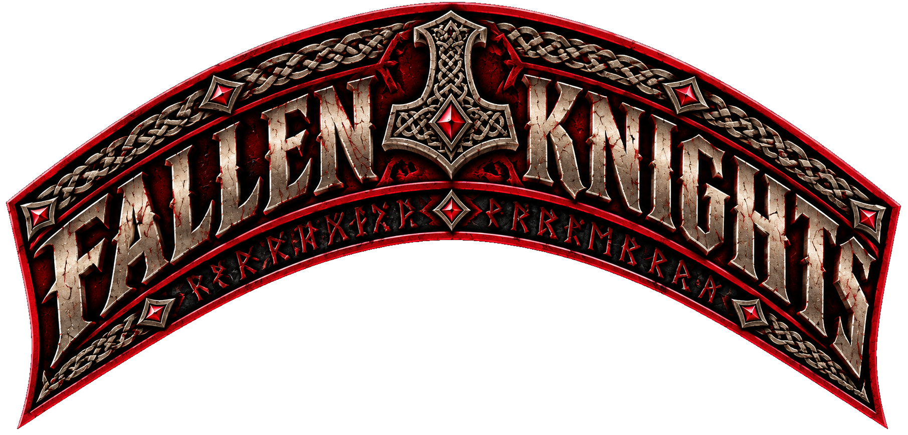 Fallen Knights official top rocker with weathered steel lettering and Mjölnir